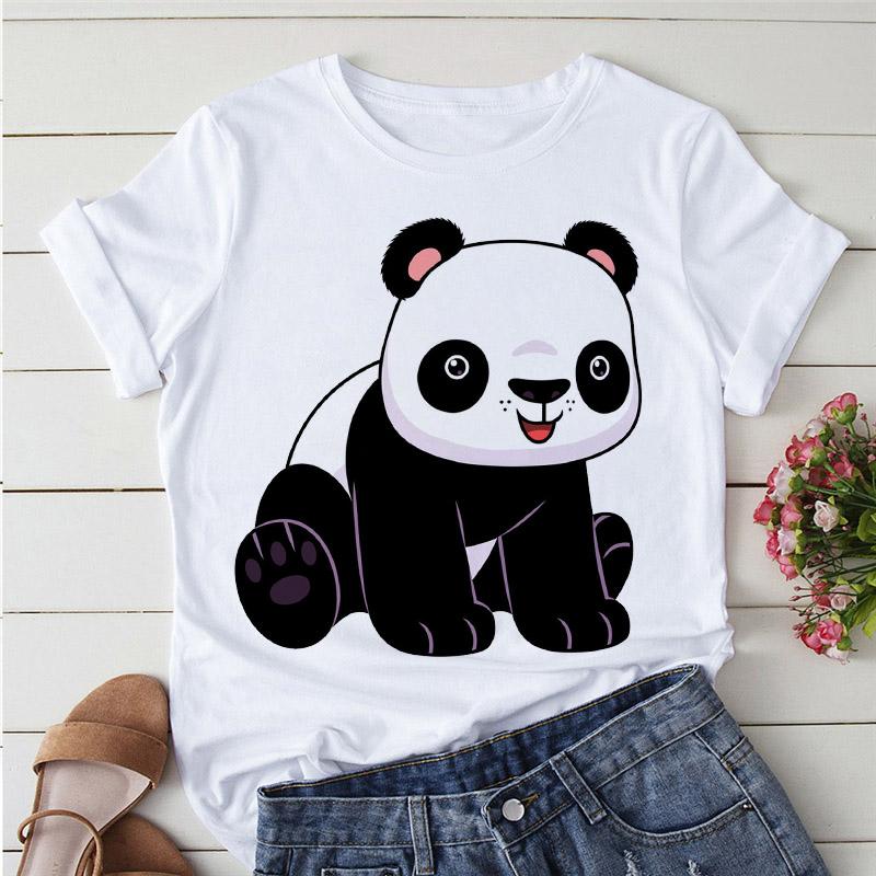 Aesthetics Cute Panda Print Women Basic Tees Cartoon Top O-Neck Simple Tee Short Sleeve T-Shirt Ladies Tees Graphic White Tshirt