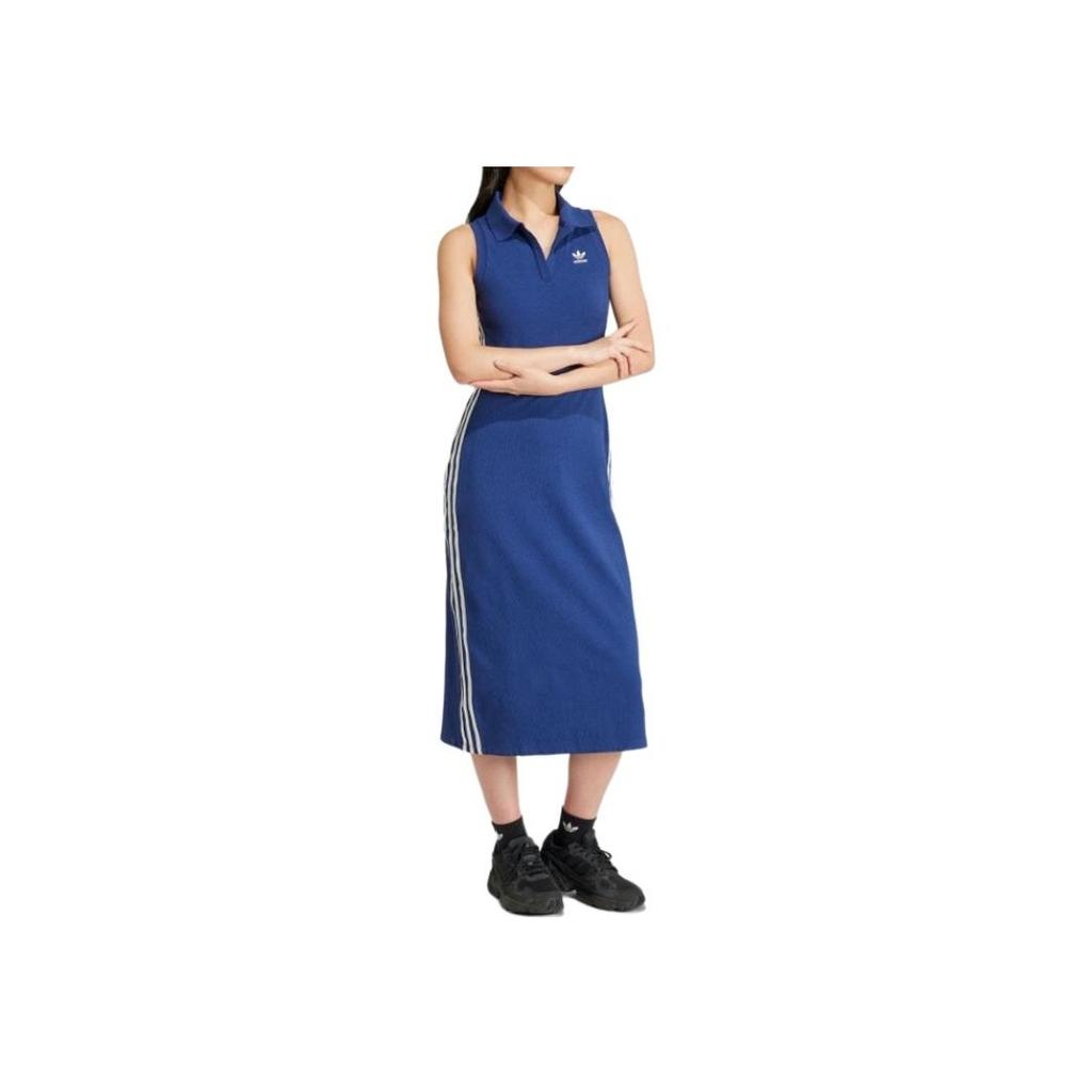 Adidas Originals Striped High Waist Polo Long Comfort Sleeveless Dress Women Dress Blue IR6126