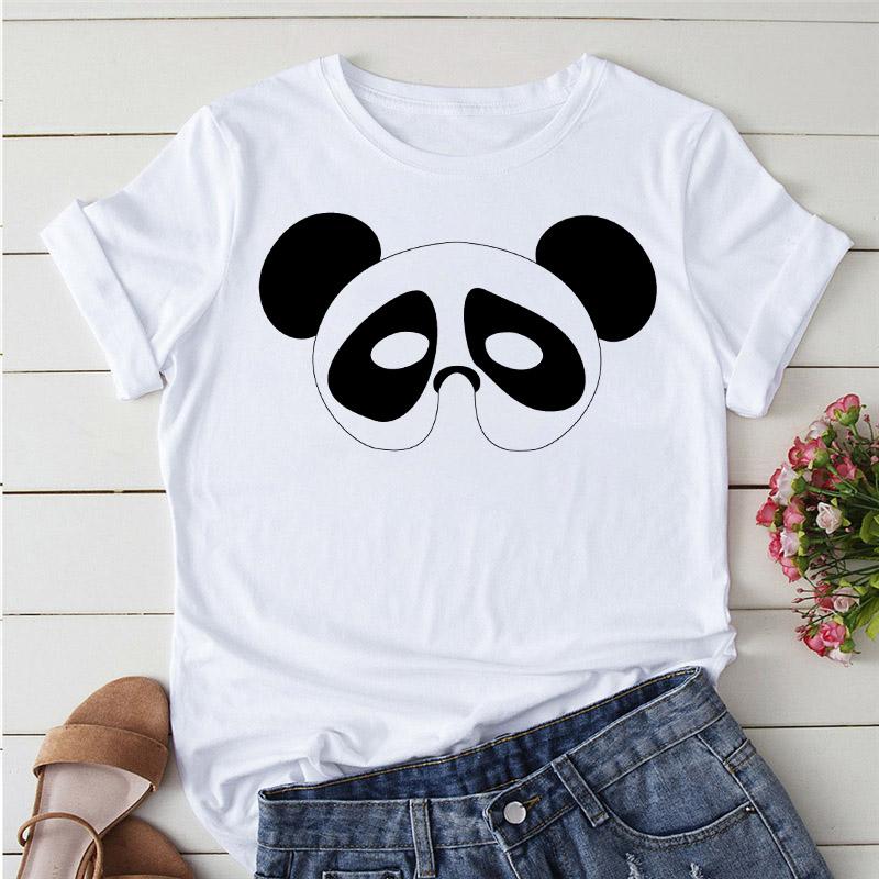 Aesthetics Cute Panda Print Women Basic Tees Cartoon Top O-Neck Simple Tee Short Sleeve T-Shirt Ladies Tees Graphic White Tshirt