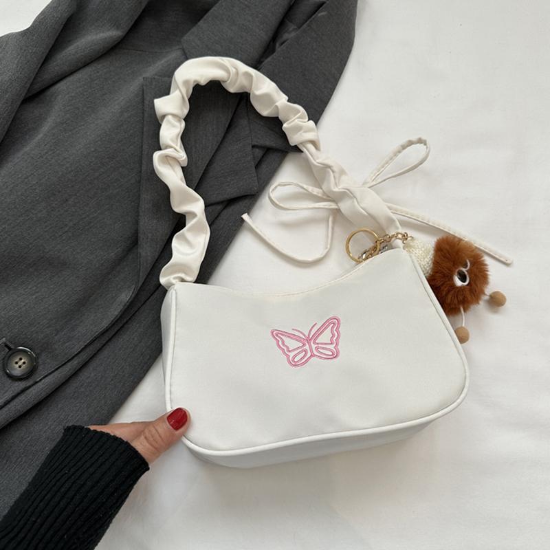 Cute Embroidered Bowknot Butterfly Shoulder Bag Women Pleated Handbag Half-moon Underarm Bag Fashion Oxford Nylon Bow Tote Bag