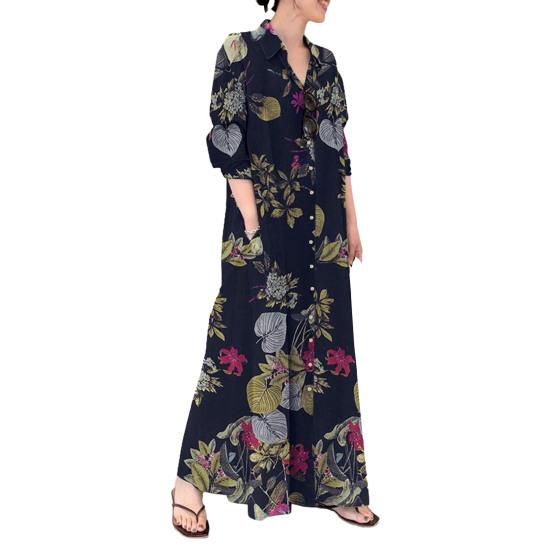 Dress Loose Colorful Flower Print Ankle Length Long Sleeve Pockets A-line Lapel Single-breasted Soft Breathable Maxi Dress