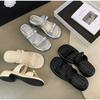 New Summer Women's Slippers 2025 Stylish Peep-toe Low Heel Silver Women's Comfortable Beach Shoes Sapatilas