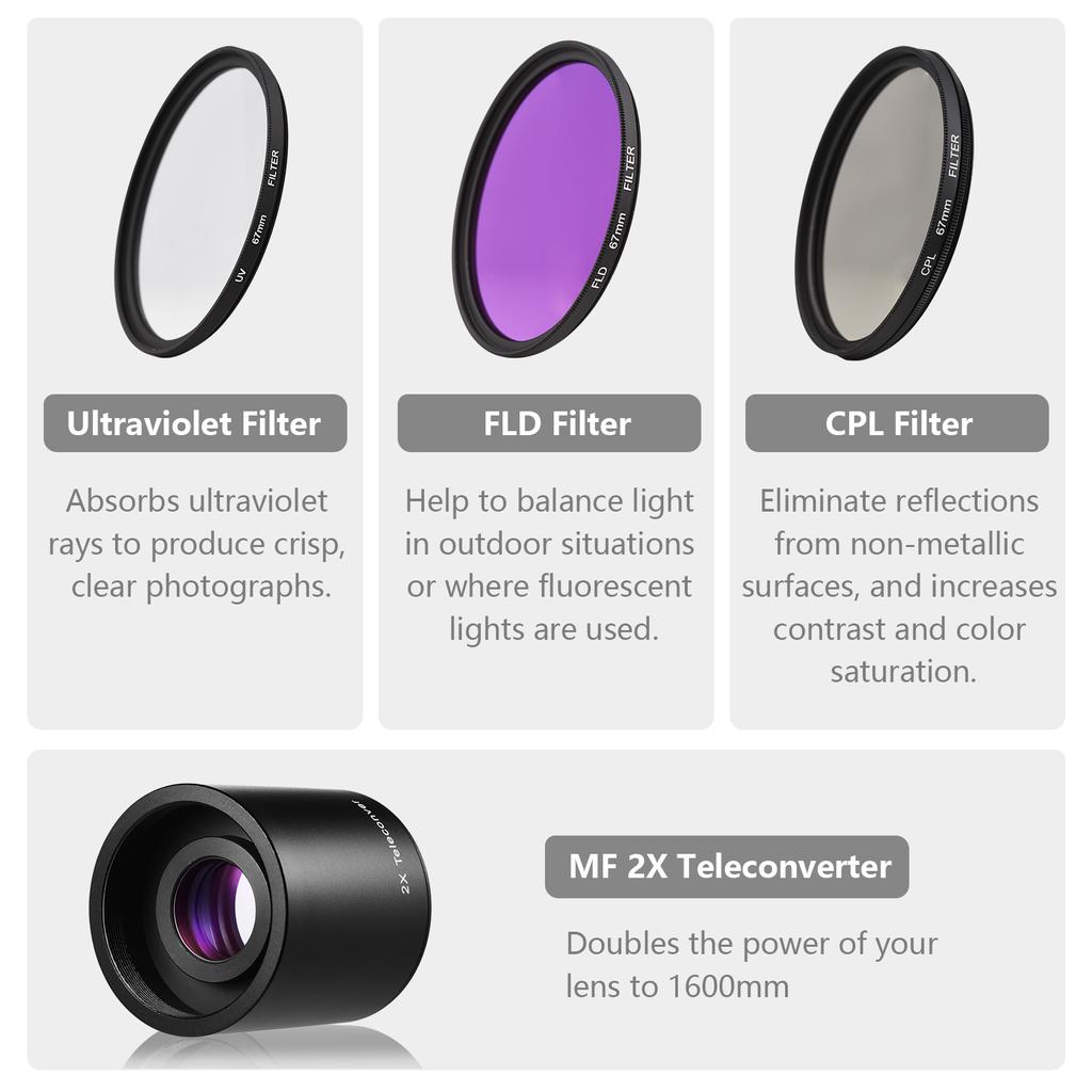 Camera MF Super Telephoto Zoom Lens F/8.3-16 420-800mm T Mount + UV/CPL/FLD Filters Set +2X