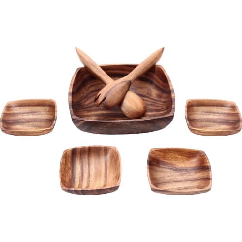 Fuji Boeki Acacia Wooden Tableware Set, 7-Piece Square Design (1 Large Plate, 4 Small Plates, 1 Serving Spoon, 1 Serving Fork). Shatter-resistant, Lig