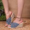 2025 Hemp Rope Woven Edge Rivet Decorative Slope Heel Cool Slippers Women's Denim European and American Large Size Slope Heel Cool Slippers Women