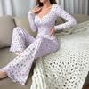 Women's Long Sleeve Pajama Set Ruffle Trim V Neck Crop Top And Wide Leg Pants Sleepwear Set Floral Print 2 Piece Pjs Set