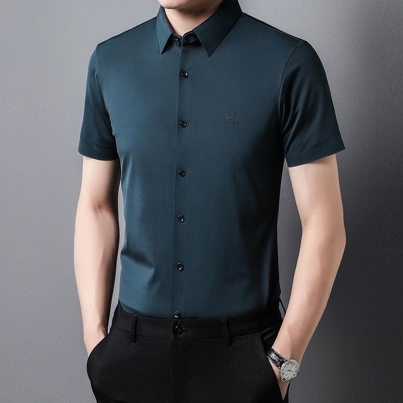 Seamless Men Short-Sleeved Shirt Summer Thin Young and Middle-Aged Men's Clothing Non-Ironing Business Casual Stretch Shirt