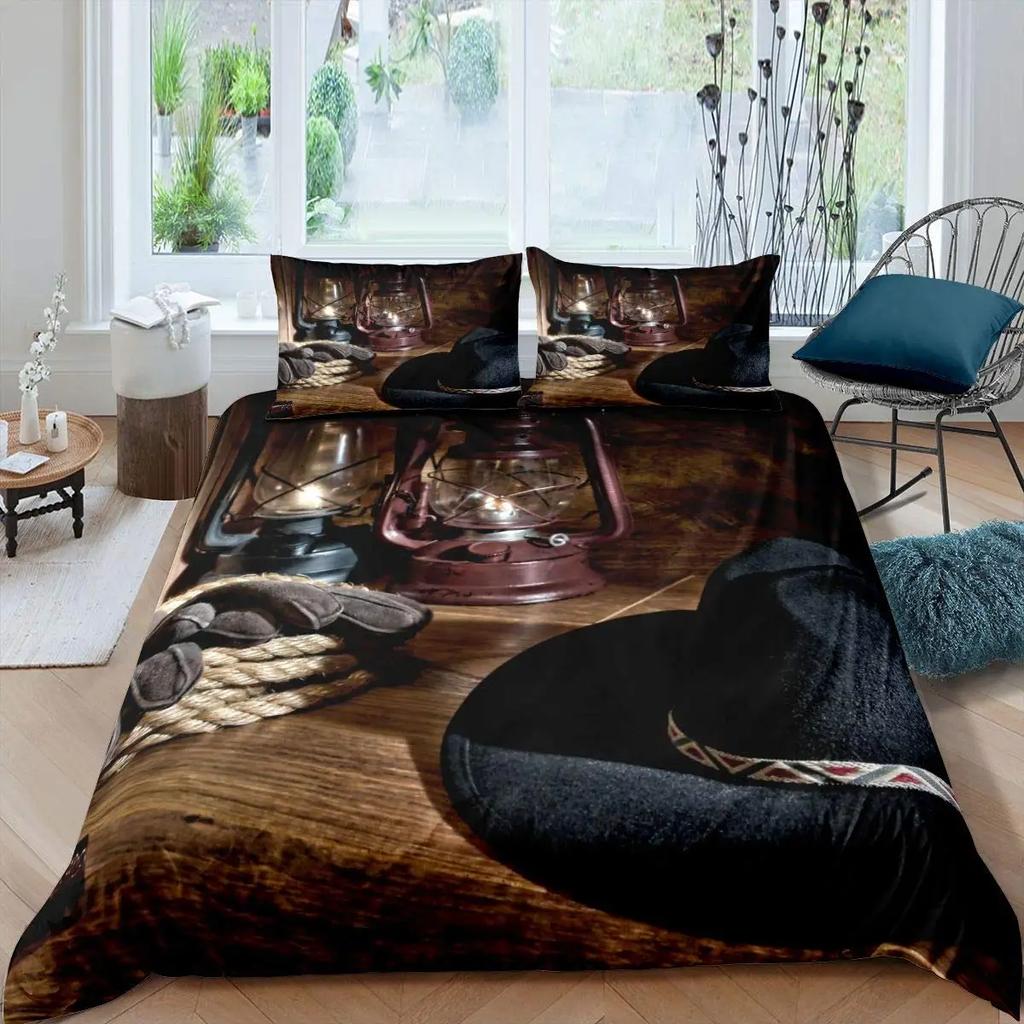 Western Cowboy Duvet Cover Set Vintage Farmhouse Bedding Set For Kids Boys Teens Queen Size Soft 2/3pcs Polyester Quilt Cover