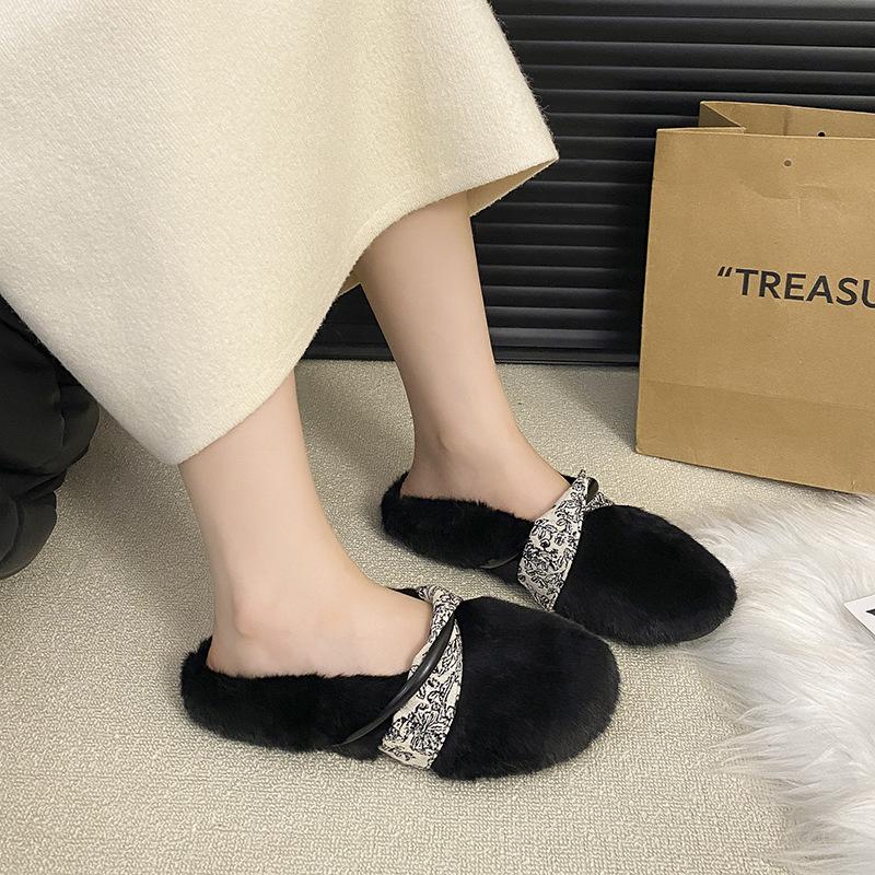 Autumn and Winter New Flat-bottomed Bag Head Slippers Cotton Drag Women's Shoes Flat-bottomed Casual Versatile Mao Mao Drag Temperament Advance
