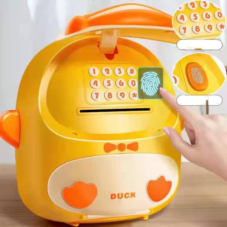 Fingerprint Password Unlock Deposit Machine Play House Puzzle Wealth Management Gift Toys Children Cute Duck Backpack Piggy Bank