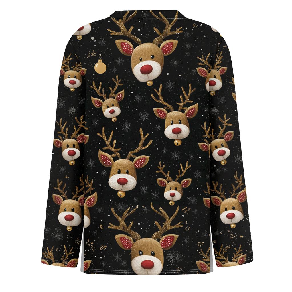 Women's Fashion Hem Slit Casual Christmas Printed Round Neck Long Sleeve Top