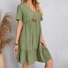 Women Summer Dresses Spring V Neck Short Sleeve Loose Pullover Solid Waist Ruffle Fit Flare Vacation
