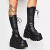 Winter Women Boots Mid-calf Wedge High Heel Platform Lace Up Zip Ladies Pumps Female Punk Gothic Motorcycle Black Round Toe Shoe