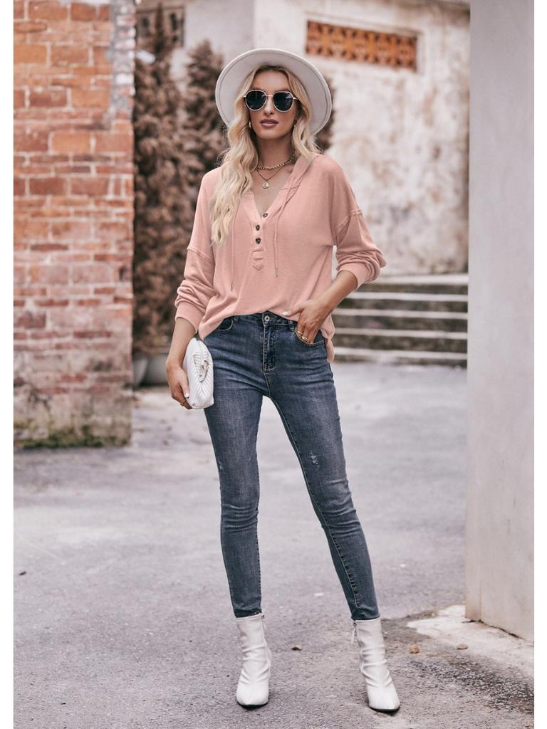 2024 New Autumn Winter Hooded Sweatshirts Women Fashion Buttons V-neck Long Sleeve Pullovers Ladies Casual Loose Hoodies