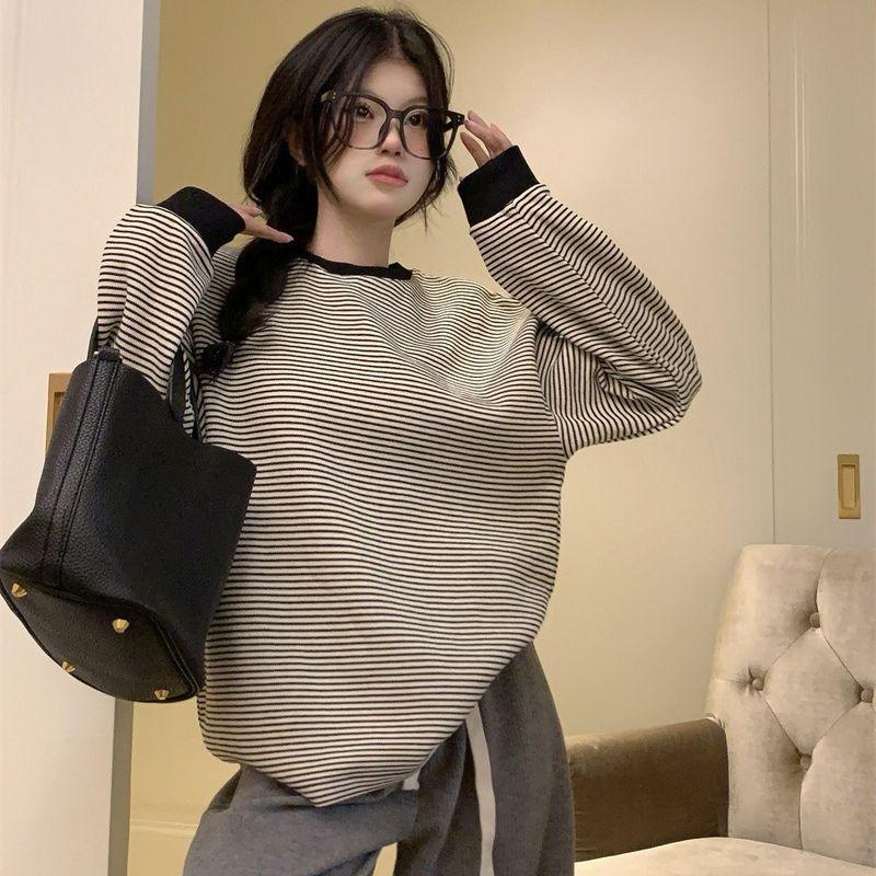 Hooded Striped Long Sleeved T-shirt Women's Hoodie Top