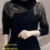 Women's Plush Lace and Hot Diamond Slim T-Shirt with Half-High Collar for Autumn/Winter 2024