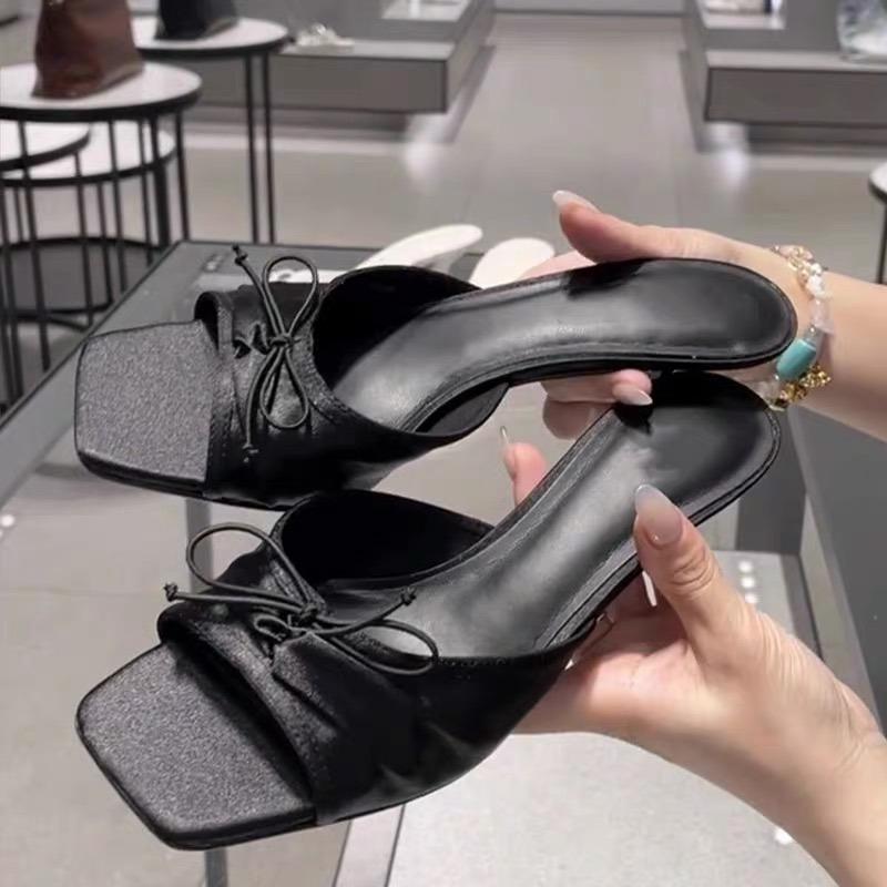 Fashion Women's Shoes 2025 Fashion New Summer Outdoor Peep Toe Women's Slippers Square Toe Stiletto Butterfly-knot Slippers
