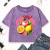 Fresh Fruit Apple Orange Lemons Print Washed Crop T Shirt Women Slim Casual T-Shirts Cotton Vintage Top Summer Clothes