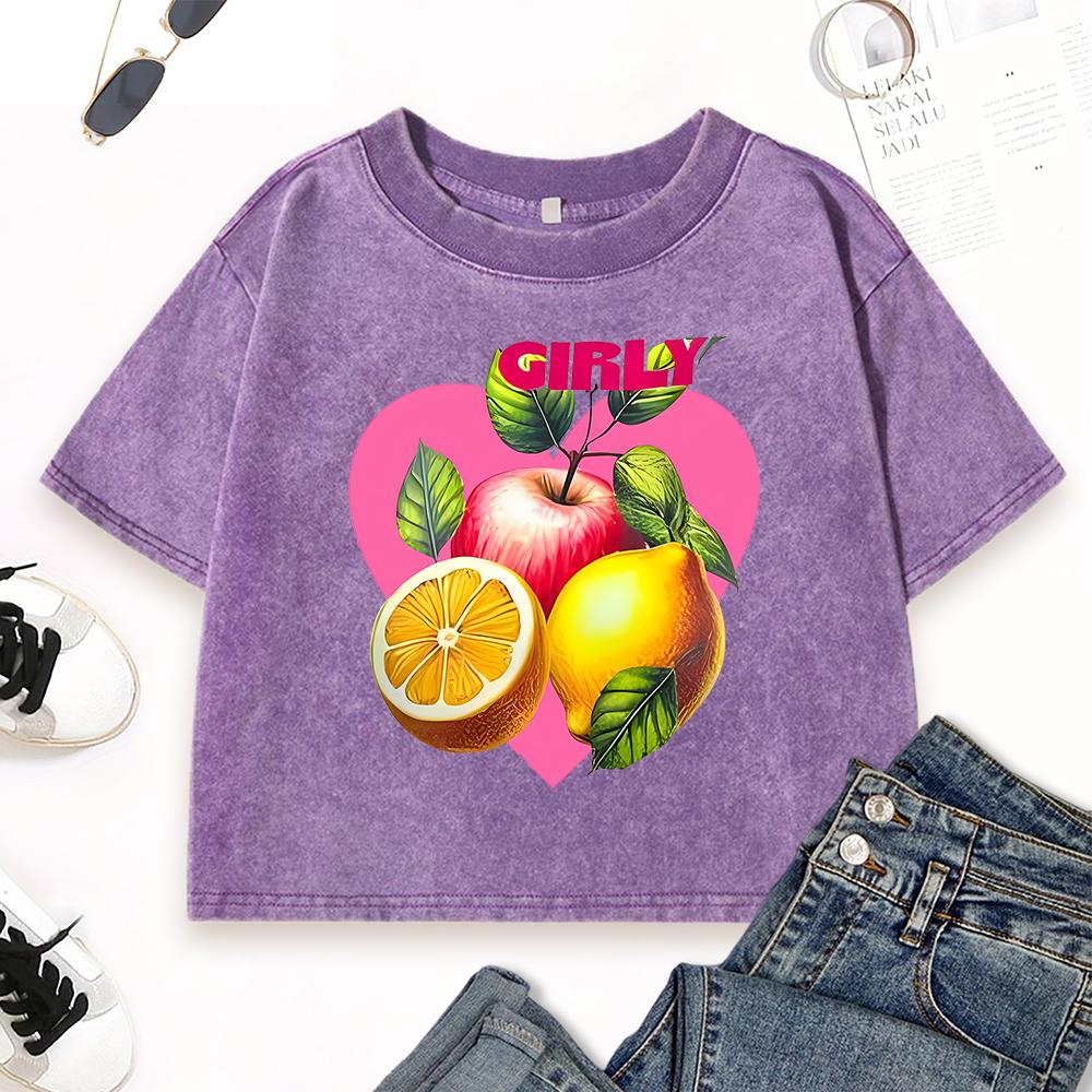 Fresh Fruit Apple Orange Lemons Print Washed Crop T Shirt Women Slim Casual T-Shirts Cotton Vintage Top Summer Clothes