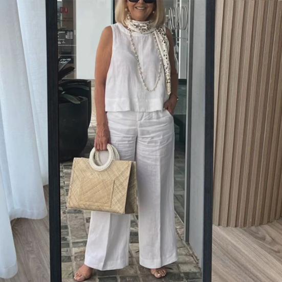 2 Pcs/Set Women Vest Pants Set Round Neck Sleeveless Loose Solid Color Top Wide Leg Pants Casual Homewear Two-piece Sports Top Trousers Set