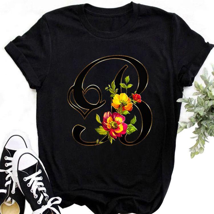 Custom Name Letter Combination Tops Fashion Women T-Shirt Rose Flower Heart Letter Font A B C D Short Sleeve Tees Black T-Shirt
