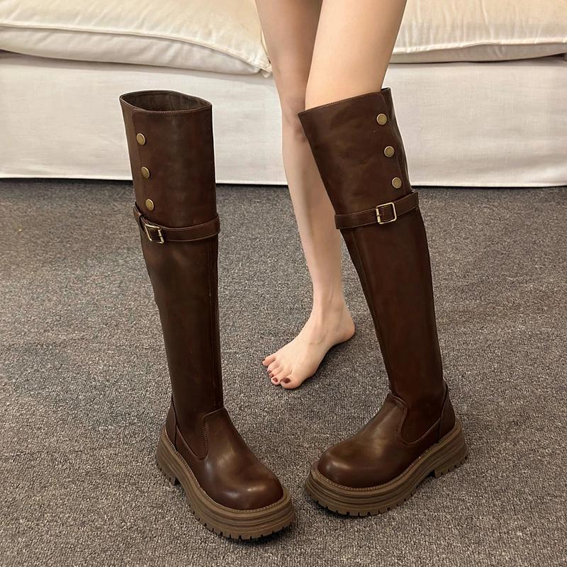 Winter New 2024 Hot Sale Fashion Outdoors Women's Knee Length Boots Solid Color Round Head Shoes for Women Botines De Mujer