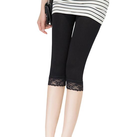 Women Yoga Pants Lace Trim Solid Color High Waisted Cropped Pants Elastic Breathable Leggings Sports Fitness Gym Leggings