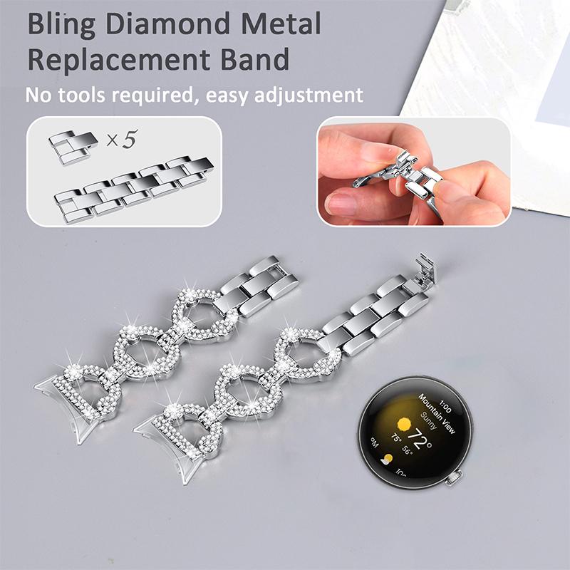 For Google Pixel Watch 3 41mm/Watch 2/Pixel Watch Rhinestone Decor Watch Band Replacement Metal Wrist Strap Bracelet