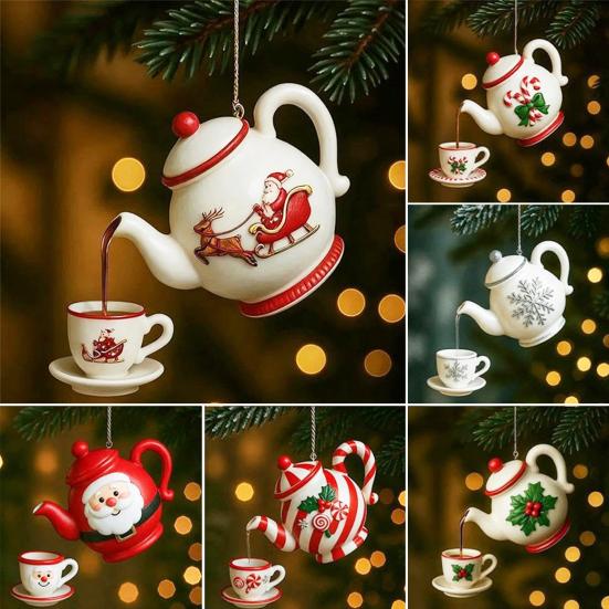 Christmas Teapot Ornament Holly Vintage Tea Cups And Pot Set Xmas Tree Hanging Ornaments 2D Acrylic Teapot Decor with Pouring Tea Effect