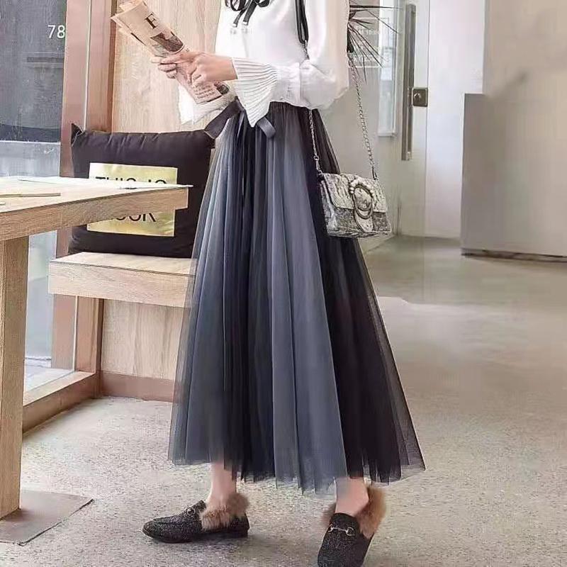 WTEMPO Women's Mesh Skirts Spring Summer Elegant Tulle Skirt Female Elastic High Waist Long Pleated Skirts Two-tone Panel Tutu Skirt