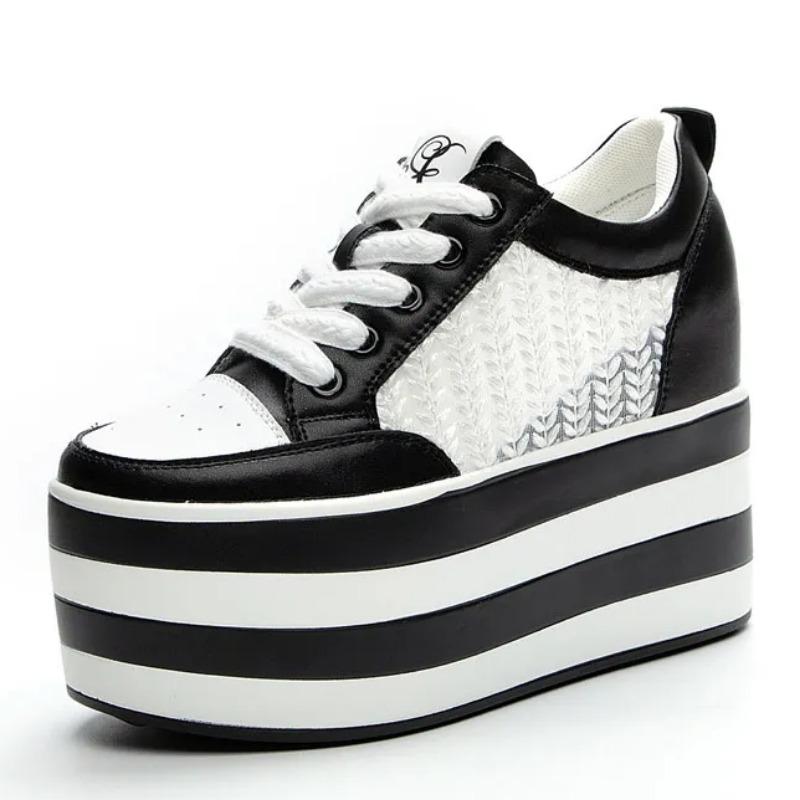 Fashion 12cm New Air Mesh Leather Genuine Platform Wedge Flats Summer Spring Boot Ankle Women High Brand White Fashion High Heels Shoes