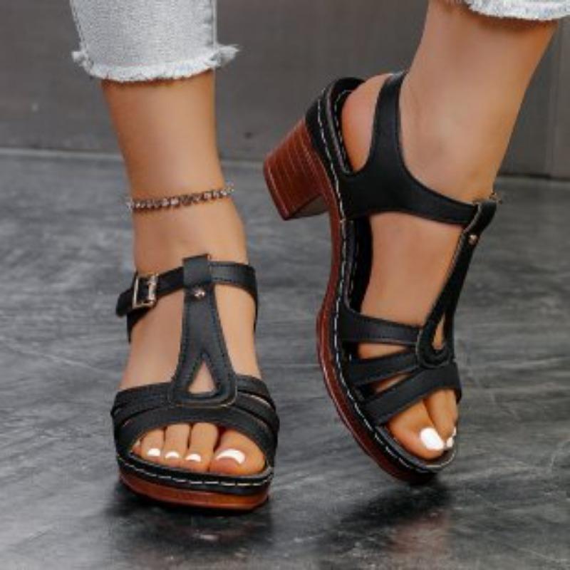 New Summer Women's Plus Size Solid Color Sandals One-Strap Buckle High Heel Shoes