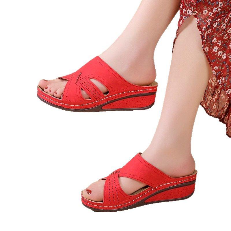 Foreign Trade Large Size 2025 Summer New Slope Heel Middle Heel Open Toe Cross Solid Color 35-43 Size Women's Slippers
