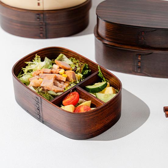 Lunch Box 3 Grids Food Grade Large Capacity Wide Application Oval Square Shape Packed Lunch BPA Free Single-layer Wood Bento Box Kitchen Accessories