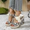 Large Size Leopard Print Wedge Sandals Summer New European and American Bow Round Head Height Increase Women's Shoes