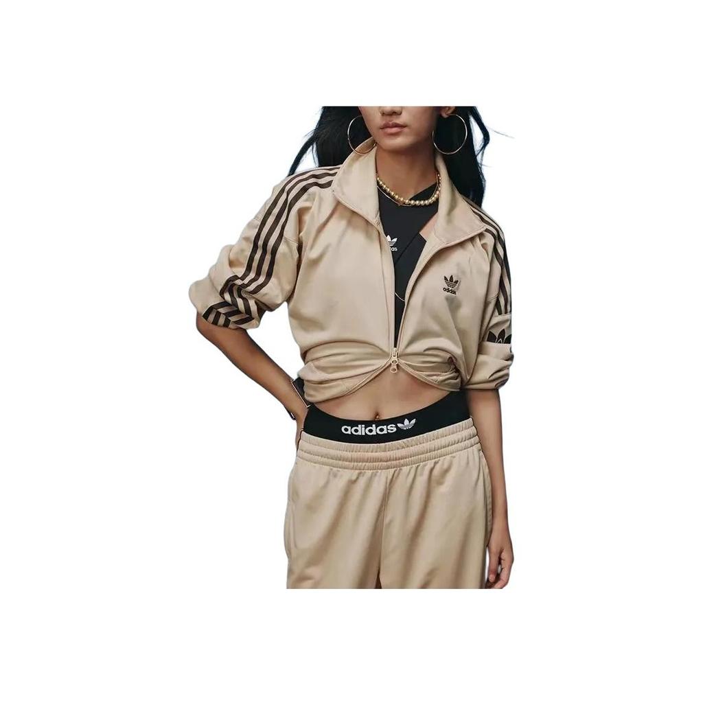 Adidas Originals Classic Retro Three Stripes Letter Logo Sports Loose Stand Collar Long Sleeve Jacket Men Jacket Mist-Light-Brown JL8399