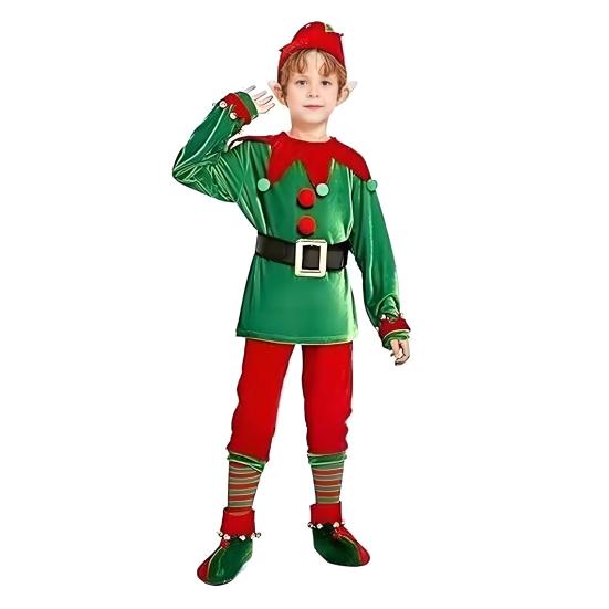Christmas Elf Costume Set Boys Girls Festive Elf Outfit Kids Classic Red Green Elf Hat Stockings Set Dress-up Attire for Parties Cosplay Performance