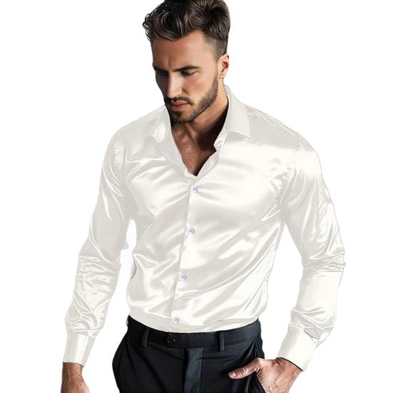 Men's Satin Glossy Shirt Solid Color Long Sleeve Smooth Dress Shirt Lapel