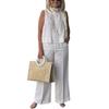 2 Pcs/Set Women Vest Pants Set Round Neck Sleeveless Loose Solid Color Top Wide Leg Pants Casual Homewear Two-piece Sports Top Trousers Set