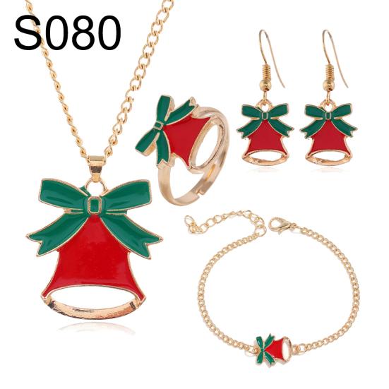 Christmas Tree Santa Elk Bell Earrings Bracelet Ring Necklace Women Jewelry Set