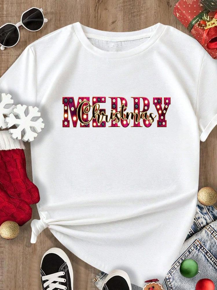 (Asian Size) Tee Merry Christmas New Year Holiday Top Festival Casual Women Letter Sweet 90s Print Lady Short Sleeve Fashion Graphic T-shirts
