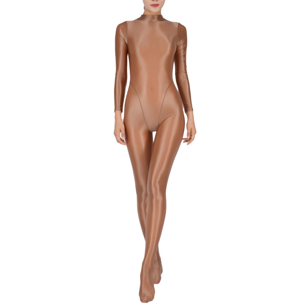 Women's Shiny Oil Glossy Body Stocking One Piece Smooth Stretchy Back Zipper Full Bodysuits