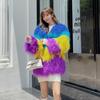 European and American Fur Faux Mink Velvet Mid Length V-neck Gemstone Sky Blue Yellow Purple Contrasting Fur Patchwork Lamb Wool Jacket