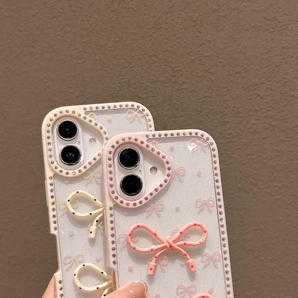 For iPhone 16 Plus Case Two Bow Epoxy Design TPU+PC Phone Back Cover Rhinestone Decor