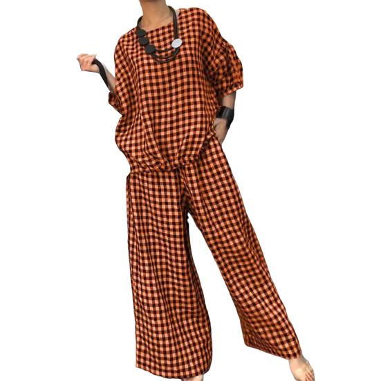 2 Pcs/Set Women Spring Top Pants Set Plaid Print Three-quarter Sleeves Round Neck Split Back T-shirt