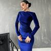 Lady Evening Dress Slim Fit Pleated Bateau Neck Long Sleeve Pure Color Midi Dress Sheath Calf Length Prom Cocktail Party Dress