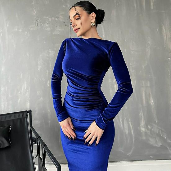 Lady Evening Dress Slim Fit Pleated Bateau Neck Long Sleeve Pure Color Midi Dress Sheath Calf Length Prom Cocktail Party Dress