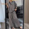 2 Pcs/Set Women Spring Top Pants Set Plaid Print Three-quarter Sleeves Round Neck Split Back T-shirt Wide Leg Elastic Trousers Casual Wear Outfit