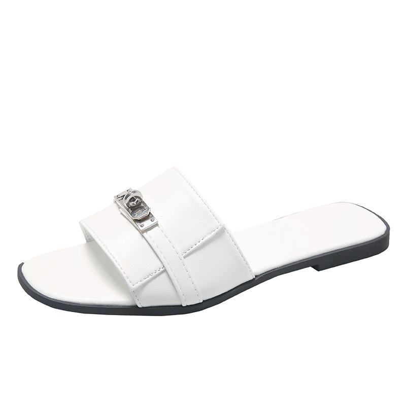 35-45 Large Size Korean Version of Small Silver Buckle One-word Drag 2025 Summer French Flat-bottomed Cool Slippers Half Slippers Outer Wear