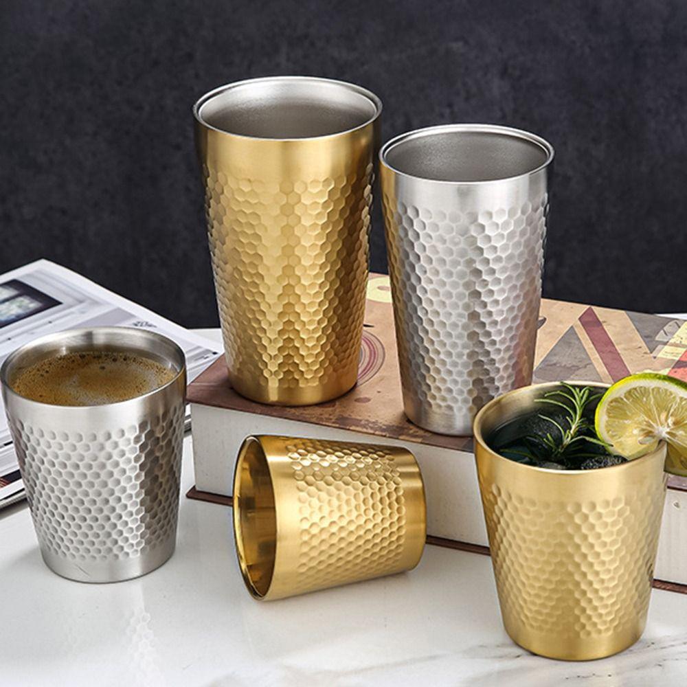 Hammered Texture Double-Wall Beer Cups Stainless Steel Milk Mugs Cold Water Drinks Cup  Drinkware